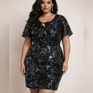 Betsy & Adam Size 12 Black Sequin Cocktail Dress Floral Beaded Formal Party Mini